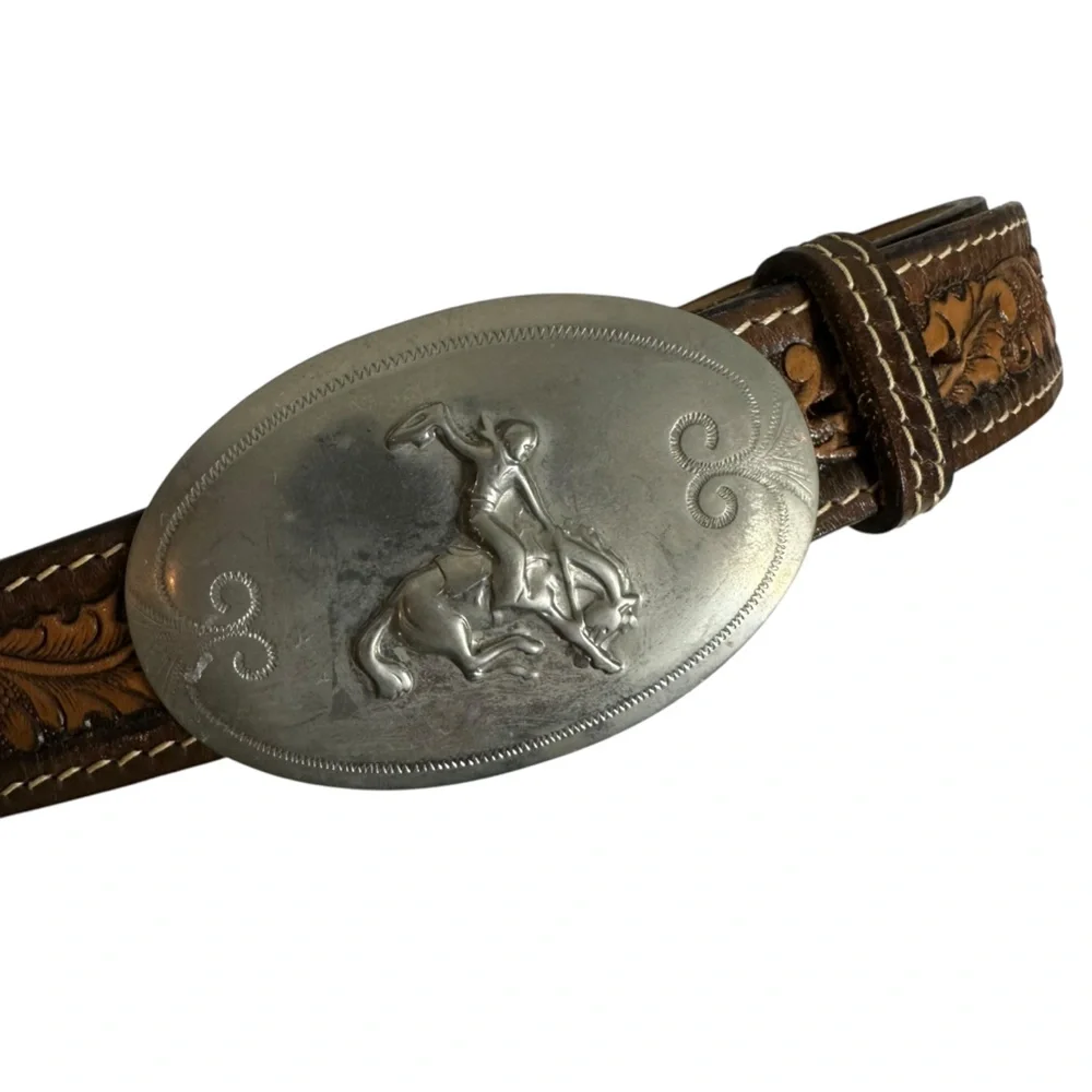 MILLER Western Wear Denver Colorado Tooled Leather Belt Silver Buckle Girl/Horse